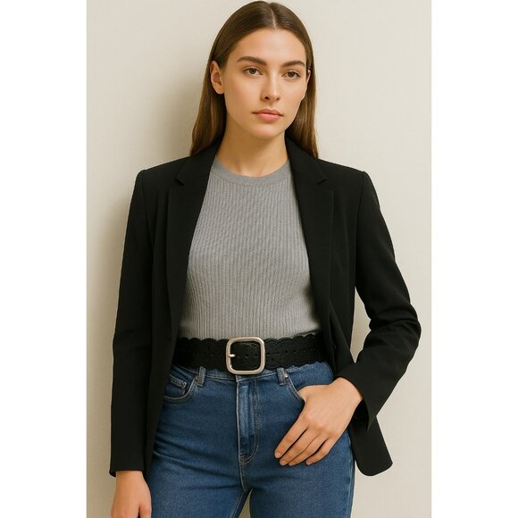 Black Leather Scalloped Cutout Belt Floral Laser Cut Silver Buckle Women Sze48in - Picture 10 of 10